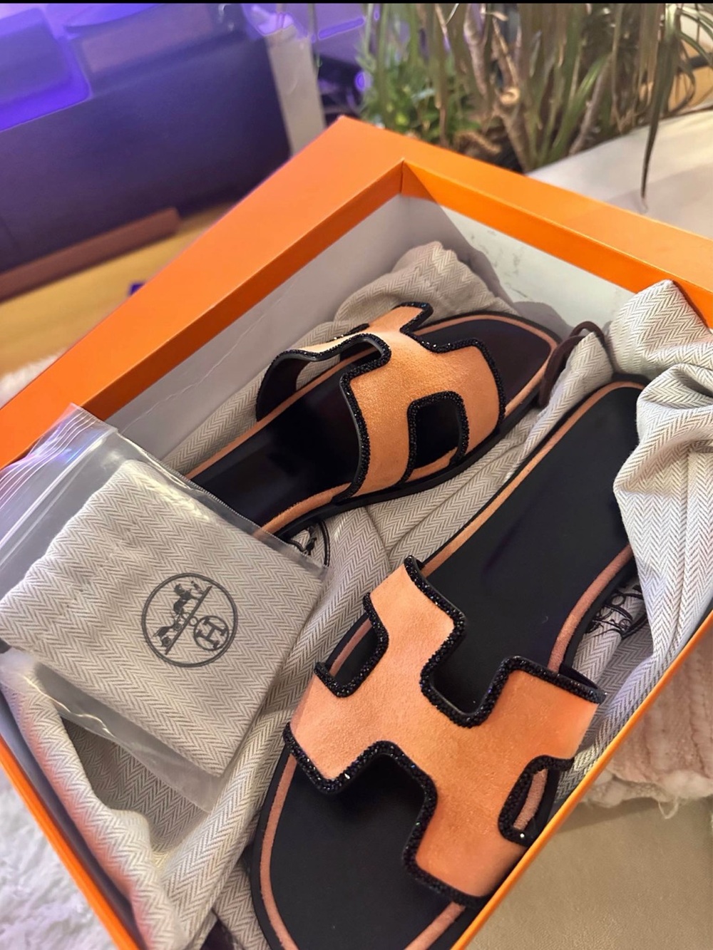 Hermes Orange Suede Slide Sandals with Black Trim